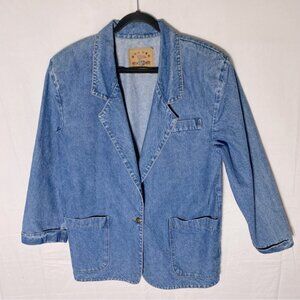 Vintage Silver Style Light Med Wash Oversized Denim Blazer Jean Jacket L Western